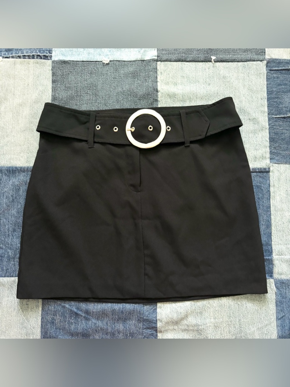 VTG Y2K Star City Black Mini Skirt Belted Circle Buckle Silver Tone Size 7